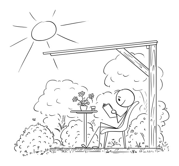 人在花园藤架下阅读书，矢量卡通简笔插图图片下载