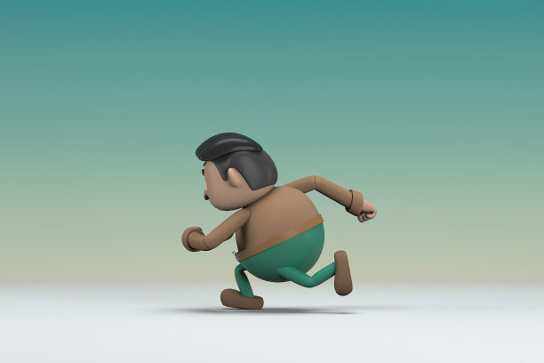 那个留着小胡子的男人穿着一件棕色的长衬衫，绿色的裤子。他在跑步。动画角色在表演中的三维渲染。图片下载
