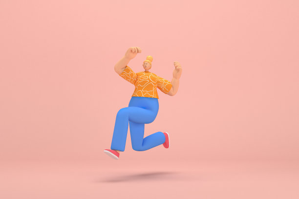 金发扎成发髻的女人穿着蓝色灯芯绒裤子和橙色白色条纹t恤。她在跳。动画角色在表演中的三维渲染。图片下载