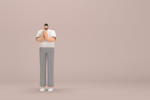 有胡子的男人穿着灰色灯芯绒裤子和白领t恤。他说话时总是用手做手势。动画角色在表演中的三维渲染。图片下载