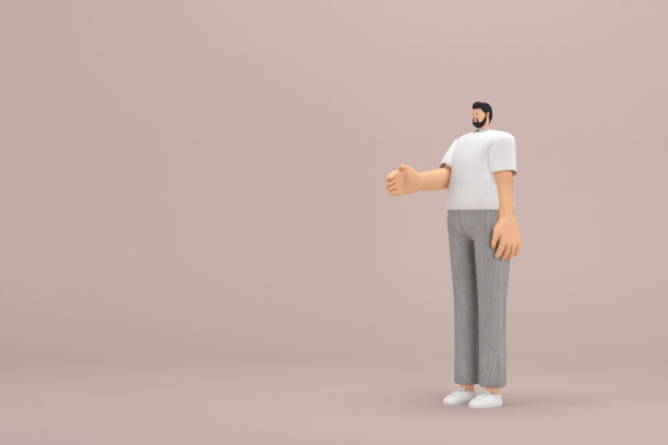 有胡子的男人穿着灰色灯芯绒裤子和白领t恤。他说话时总是用手做手势。动画角色在表演中的三维渲染。图片下载