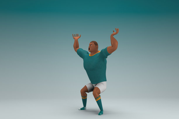 穿着绿色衬衫和白色裤子的运动员。他在拉或推什么东西。动画角色在表演中的三维渲染。图片下载