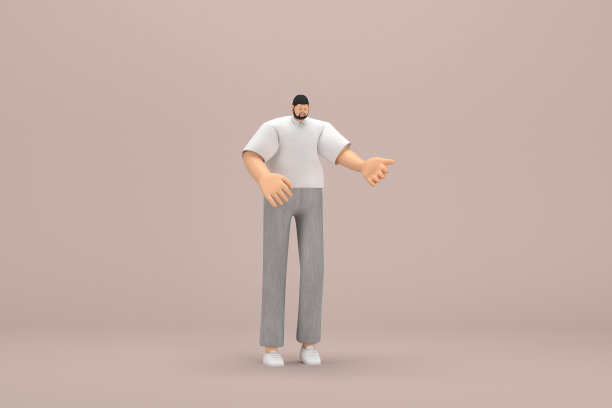 有胡子的男人穿着灰色灯芯绒裤子和白领t恤。他说话时总是用手做手势。动画角色在表演中的三维渲染。图片下载