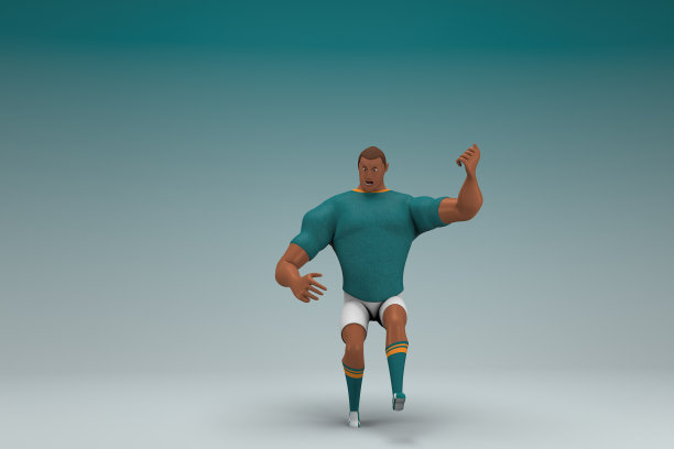 穿着绿色衬衫和白色裤子的运动员。他正在做运动。动画角色在表演中的三维渲染。图片下载