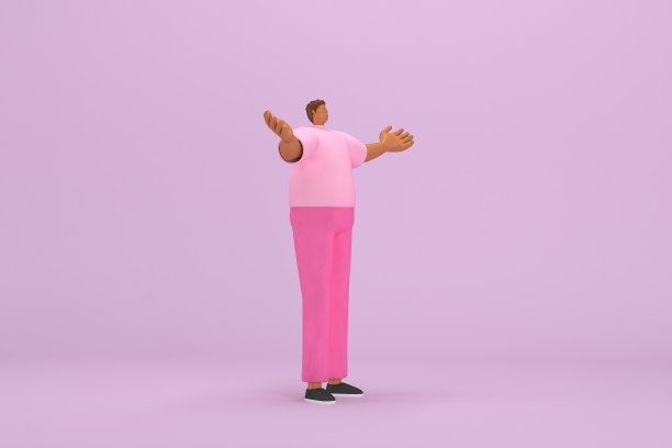 穿粉红色衣服的黑人。他说话时手脚都很灵活。动画角色在表演中的三维渲染。图片下载