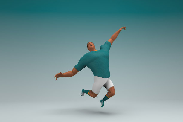 一个穿着绿色衬衫和白色裤子的运动员正在跳跃。动画角色在表演中的三维渲染。图片下载