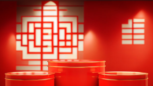 房间内有一个产品展示台座，墙上有中国图案。图片下载