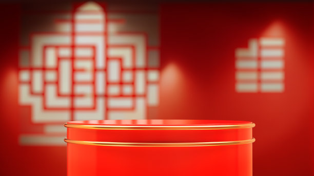房间内有一个产品展示台座，墙上有中国图案。图片下载