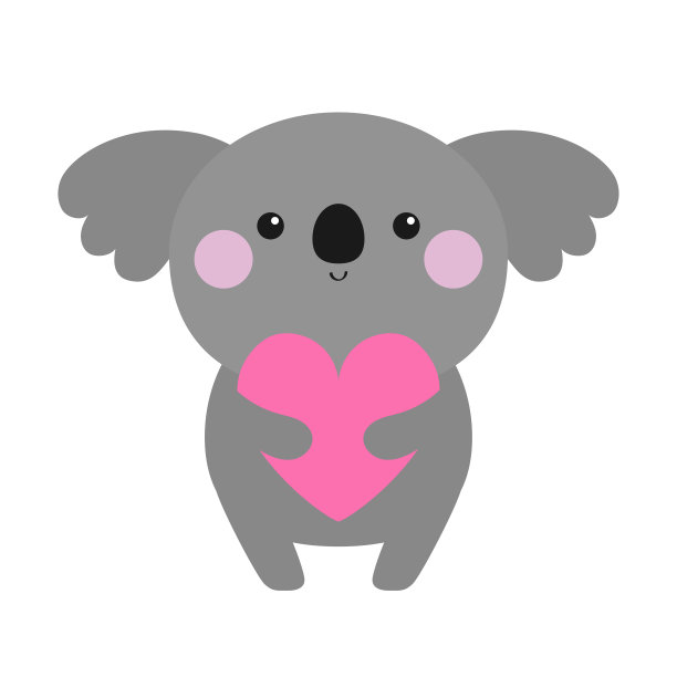 考拉熊抱着心形图标。可爱的卡通有趣的宝宝角色。卡哇伊的动物。粉色的脸颊。笔记本封面，t恤印花。爱的情人节贺卡。平面设计。白色背景。图片下载