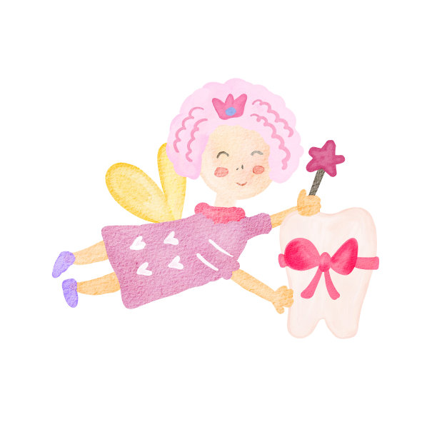 小牙齿水彩画。可爱的卡通小牙齿。牙齿仙女第一个牙齿孤立手绘插图图片下载
