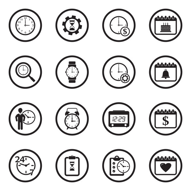时间和日期图标。黑色平面圆形设计。矢量插图。图片下载