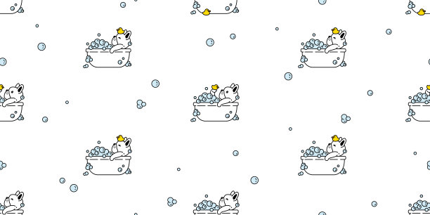 狗无缝模式法国斗牛犬淋浴浴缸矢量图标肥皂泡洗发水宠物鸭子橡胶小狗玩具卡通人物礼物包装纸瓷砖背景重复壁纸围巾隔离符号插图涂鸦设计图片下载