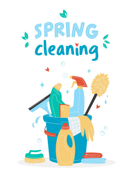 春季大扫除的概念。手绘水桶，清洁用品，瓶子，刷子，喷雾，海绵，手套。做家务的概念。各种清洁物品。孤立矢量图图片下载