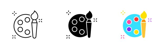 画笔与调色板设置图标。创意，创意职业，指南针，拼图，手，画笔，钢笔工具，素描，图画。矢量图标在直线，黑色和彩色的风格图片下载