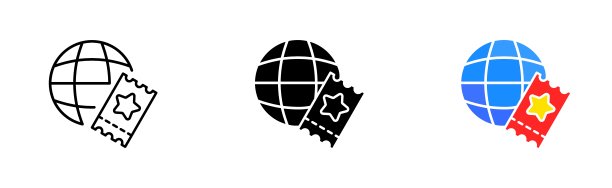 机票与全球设置图标。赤道，飞机，机场，交通，qrcode，假期，目的地，飞机。VIP人物概念。矢量图标在直线，黑色和彩色风格的白色背景图片下载