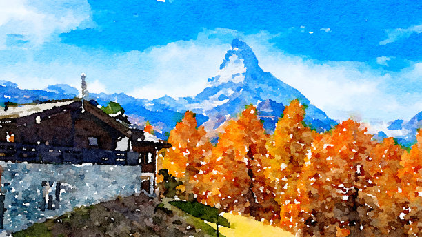 瑞士采尔马特水彩画山景。图片下载