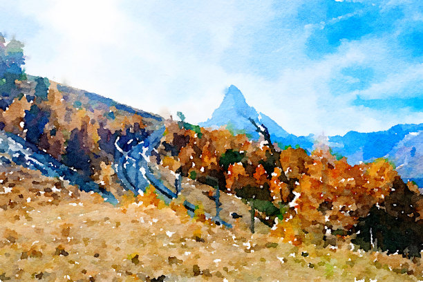 瑞士采尔马特水彩画山景。图片下载