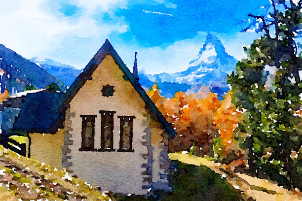 瑞士采尔马特水彩画山景。图片下载