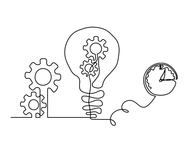 摘要圆形金属齿轮，白色底色，灯泡和时钟为线条。团队合作的概念图片下载