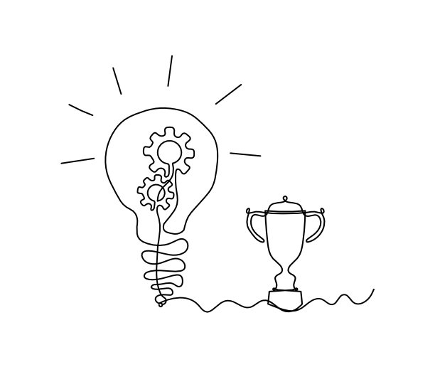 摘要圆形金属齿轮，白色底色上以灯泡和奖杯为线画。团队合作的概念图片下载