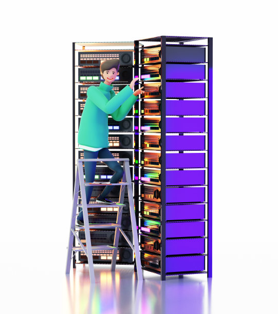 IT工程师与机架和计算机一起工作。三维渲染图图片下载