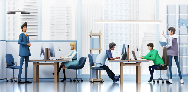 商务人士在大的现代办公室工作。开放空间内部，成功的业务团队3D渲染插画图片下载