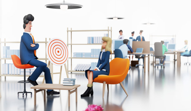 年轻的女人在一间现代化的大办公室里面试。成功人士的肖像。商业和成功理念。三维渲染图图片下载