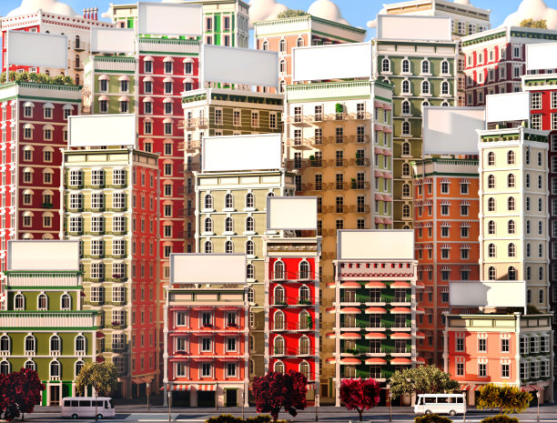 美丽的城市与屋顶的白色空横幅三维渲染插图。日落时分的公寓楼。图片下载