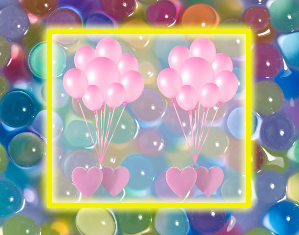 黄色发光透明框架作为复制空间上彩色抽象球的背景，后面的框架爱心与气球，创意假日设计图片下载