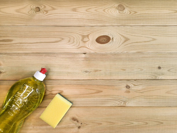 洗碗的最低用量:肥皂和厨房海绵。前视图。文本空格。图片下载