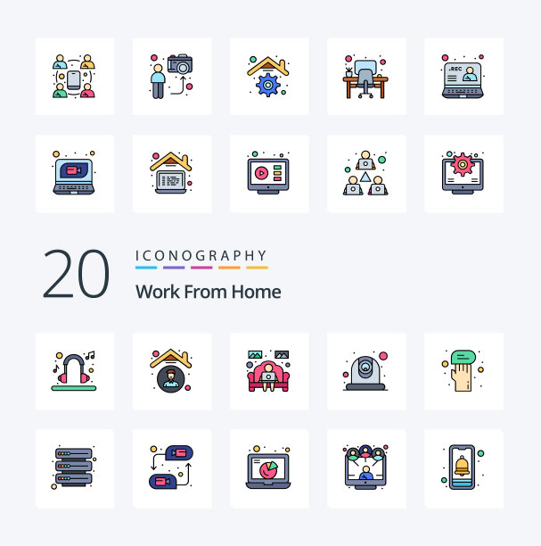 20个工作从家里线填充彩色图标包图片下载