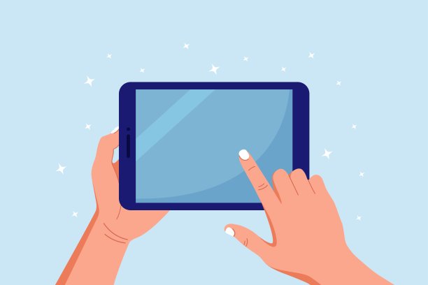 手握和指向数字平板电脑。男子触摸平板电脑的空白屏幕图片下载