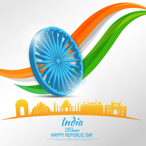 1月26日印度共和国日海报模板设计与印度国旗和轮廓的印度纪念碑。图片下载