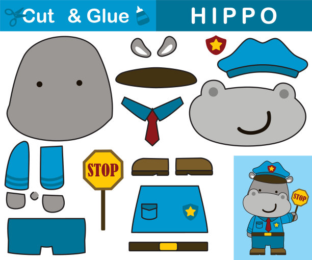 可爱的河马穿着交警制服。儿童教育用纸游戏。切割和粘合。矢量卡通插图图片下载