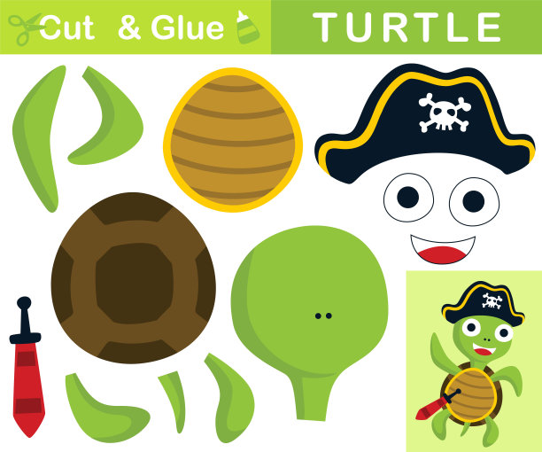 可爱的乌龟戴着海盗帽，手里拿着剑。儿童教育用纸游戏。切割和粘合。矢量卡通插图图片下载