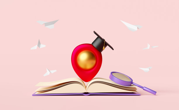 红色别针与打开的书和毕业帽，放大镜，纸飞机孤立在粉红色粉彩背景。实现目标和成功概念，3d插图或3d渲染图片下载