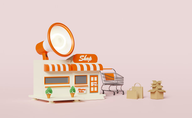 商店店面前有扩音器，手扬声器，纸袋，购物车，货物纸箱，叶子怪物，灯泡孤立在粉红色的背景上。创业加盟经营理念，3d插画，3d任图片下载
