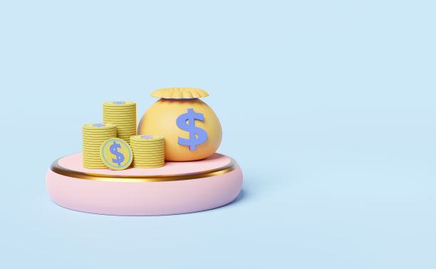 圆柱舞台讲台与堆钱袋美元，硬币隔离在蓝色粉彩背景，贷款审批，商业银行，投资概念，3d插图或3d渲染图片下载
