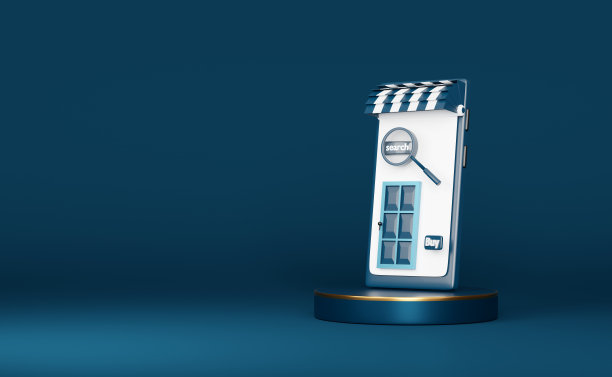 手机或智能手机商店的前面与圆柱形平台隔离在蓝色背景上，基座展示现代，在线购物或搜索数据概念，3d插图或3d渲染图片下载