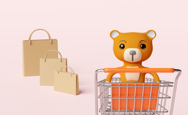 泰迪熊与纸袋，购物车孤立在粉红色的背景。网上购物概念，3d插图或3d渲染图片下载