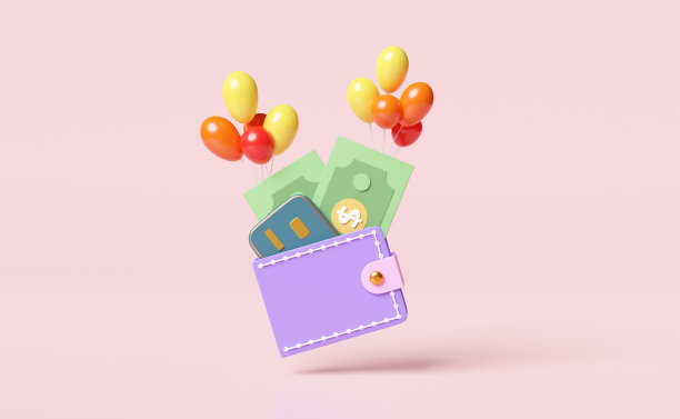 钱包和信用卡气球，美元钞票孤立在粉红色的背景。省钱，快乐购物概念，3d插图或3d渲染图片下载