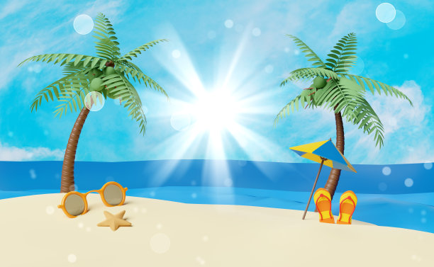 夏季旅行与海滩，岛屿，伞，椰子树，凉鞋，海星，散景，太阳镜隔离在蓝天背景，概念3d插图或3d渲染图片下载