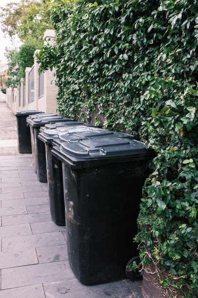 人行道上的轮式垃圾桶图片下载