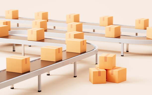 箱子上的传送带，物流运输概念，三维渲染。图片下载