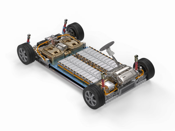 平台上装有电池组模块的电动汽车图片下载