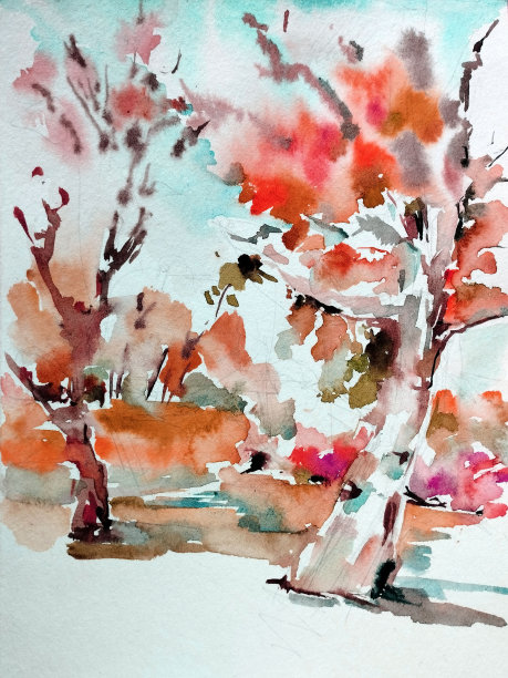 水彩色彩鲜艳的纹理抽象背景手工制作。地中海景观。画秋天的公园图片下载