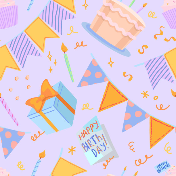 生日派对矢量无缝模式。卡通插图的蛋糕，蜡烛，礼物，卡片，节日旗帜。明亮的现代装饰。图片下载