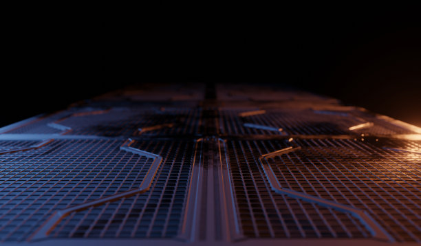 黑暗场景中金属光栅通道内部图片下载