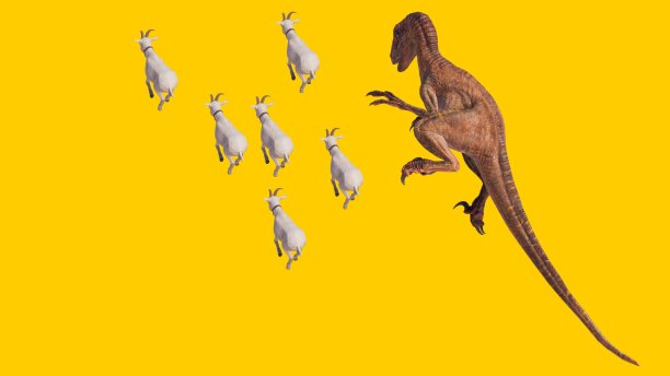 一只迅猛龙恐龙捕捉孤立在黄色背景上的山羊的3D渲染图片下载