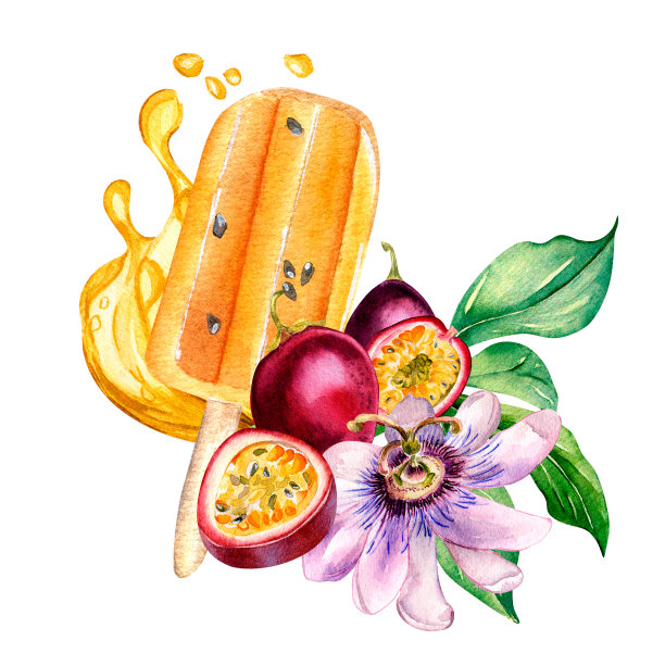 百香果冰淇淋和飞溅果汁水彩插图孤立在白色。图片下载